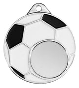 Thumbnail for Runde Medaille mit Fußballdesign aus schwarz-weißen sechseckigen Mustern, leerer Mitte zum Gravieren und Loch oben zum Aufhängen. Fußball Medaillen Hagen 50 mm von POMEKI.