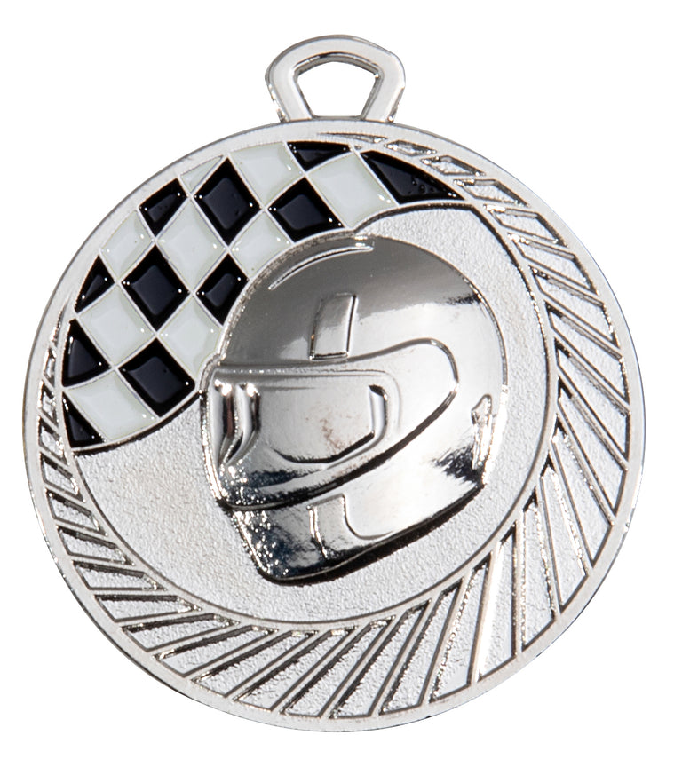 Motorsport Medaillen Aachen 50 mm mit einem Rennhelmdesign mit schwarz-weißen Akzenten im Karomuster.