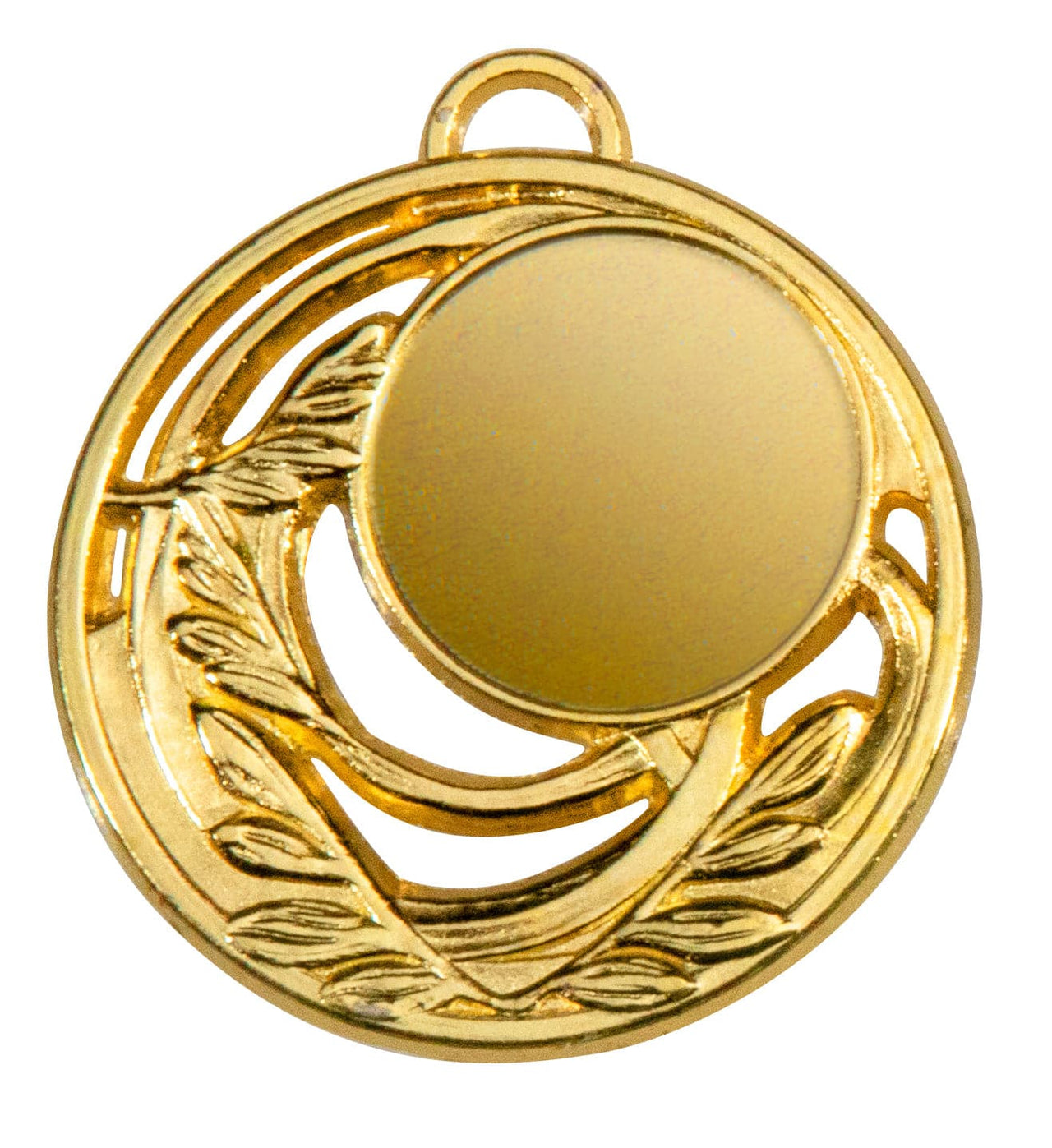 Eine runde Goldmedaille mit leerer Mitte und einem Blattmuster an den Rändern, die ein exklusives Design aufweist, das Eleganz ausstrahlt, die Medaillen Cottbus 50 mm PK79324g-E25.