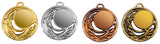 Vier runde Medaillen Cottbus 50 mm in Gold, Silber, Bronze und Kupfer, jeweils mit einem exklusiven Design mit einem Lorbeerkranz und einem leeren Mittelkreis.