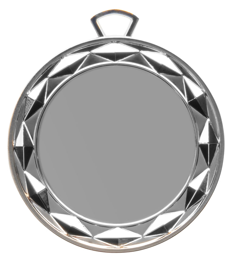 Runde Silbermedaille mit facettiertem, geometrischem Rand, leerer Mitte und Aufhängeöse oben. Medaillen Bielefeld 70 mm von POMEKI.