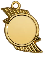 Thumbnail for Goldfarbene runde Medaille mit leerer Mitte, geriffelten Flügeln an beiden Seiten und Öse oben. Medaillen Zwickau 50 mm von POMEKI.
