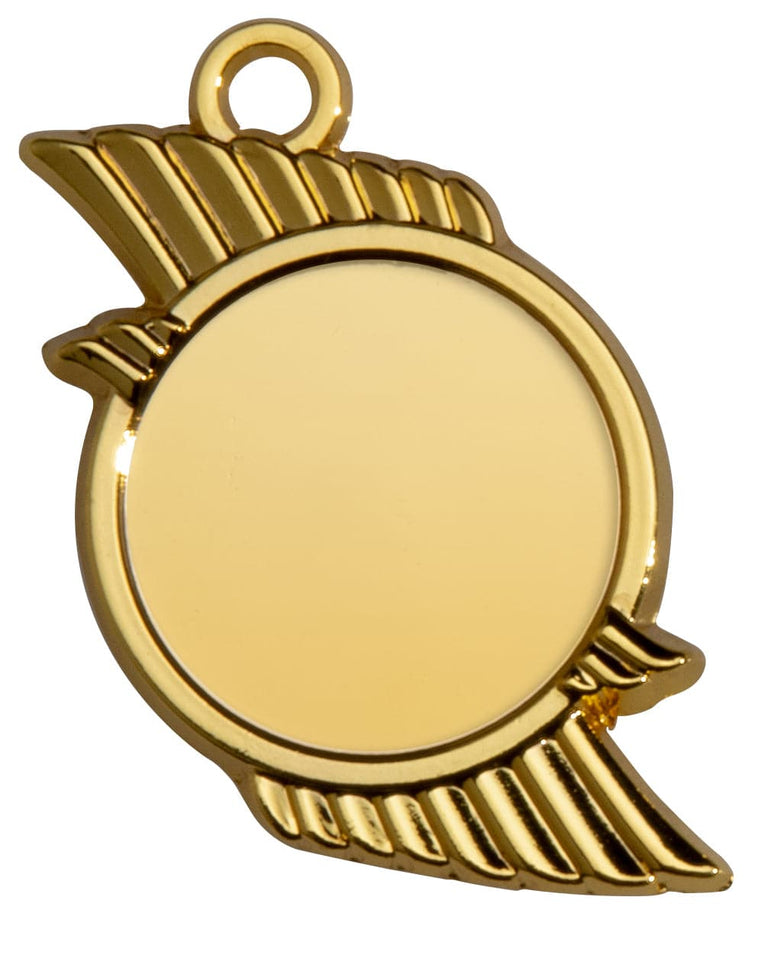 Goldfarbene runde Medaille mit leerer Mitte, geriffelten Flügeln an beiden Seiten und Öse oben. Medaillen Zwickau 50 mm von POMEKI.