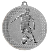 Thumbnail for Die Fußballspieler Medaillen Rostock 50 mm sind eine aus hochwertigem Material gefertigte Silbermedaille mit einem eingravierten Bild eines dribbelnden Fußballspielers und einem exklusiven Design.