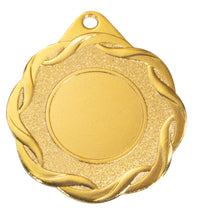 Thumbnail for Die Medaillen Jena 50 mm PK79336g-E25 ist eine Goldmedaille mit einer leeren Mitte und einem dekorativen, gedrehten Rand. Sie verfügt über ein kleines Loch an der Oberseite zur einfachen Befestigung und hat ein exklusives Design, das an die Handwerkskunst von Pomeki erinnert.