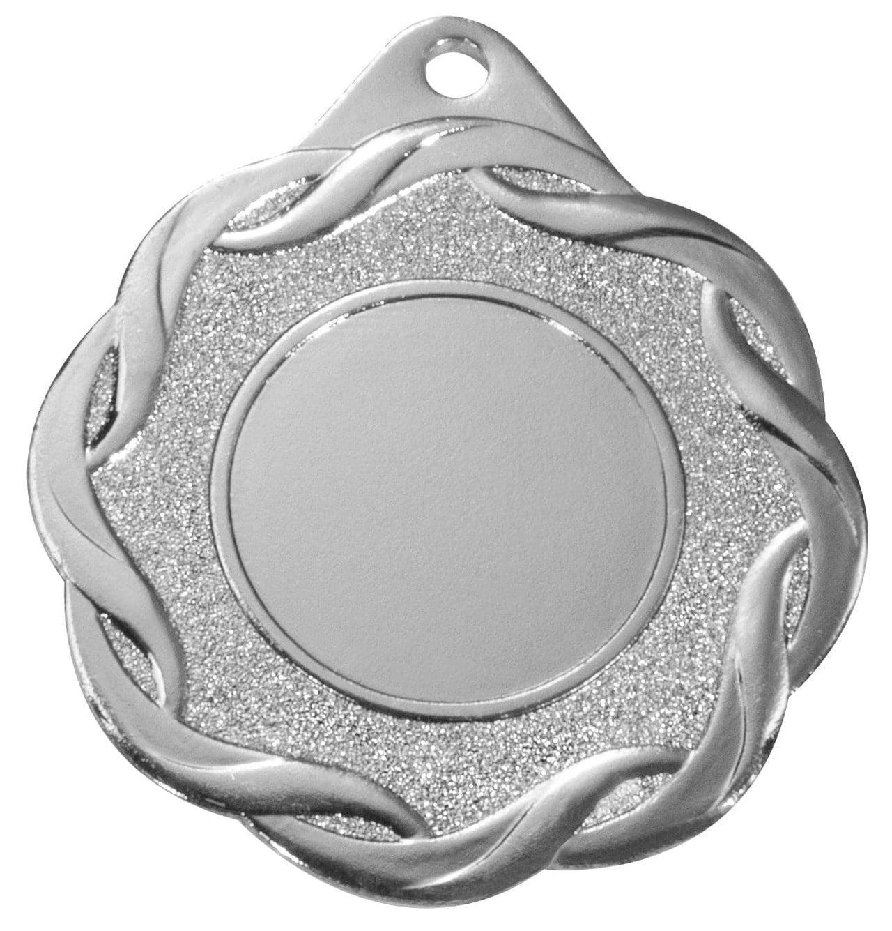 Eine Medaillen Jena 50 mm PK79336g-E25 silberne Auszeichnung mit glitzerndem Hintergrund und bandartigen Kanten.