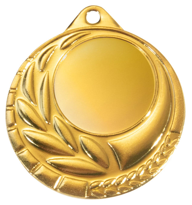 Goldmedaille mit leerem zentralen Bereich und Lorbeerkranzdesign als POMEKI Medaillen Bremerhaven 50 mm Auszeichnung.