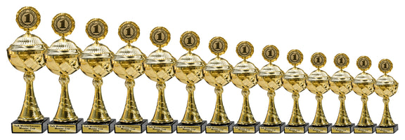 Pokal Münster, 14er-Pokalserie mit Deckel – 14 goldene Pokale von 253 bis 430 mm mit der Zahl 1 im Lorbeerkranz