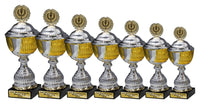 Thumbnail for Pokalserie Gera: 7 silber-goldene Pokale mit Deckel in gestaffelten Höhen von 273 bis 355 mm, nebeneinander aufgereiht vor weißem Hintergrund, jeder auf schwarzem Sockel mit graviertem Namensschild.