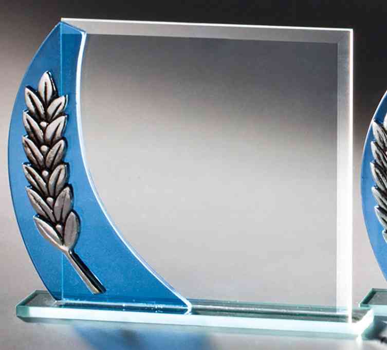 Awards Leipzig, 3er-Serie – transparenter Award mit blauem Seitenteil und silbernem Lorbeerzweig, Einzelansicht