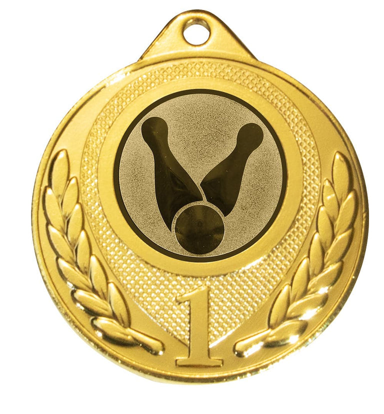 Goldmedaille mit Lorbeerkranz, der Zahl 1 und einem Emblem mit zwei Kegeln und Kugel. Medaillen Köln 50 mm von POMEKI.