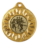 Thumbnail for Goldfarbene Medaille mit Rautenrand und Emblem: vier Läufer mit Startnummern auf der Bahn. Medaillen Leipzig 50 mm von POMEKI.