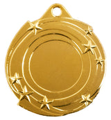 Goldfarbene runde Medaille mit leerer Mitte und mehreren geprägten Sternen entlang geschwungener Bögen am Rand. Medaillen Ludwigsburg 50 mm von POMEKI.