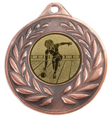 Thumbnail for Bronzefarbene Medaille mit Lorbeerkranz und Emblem einer Bowlingspielerin beim Wurf auf der Bahn. Medaillen München 50 mm von POMEKI.
