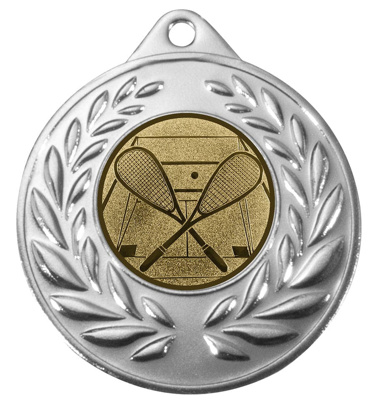 Silberne Medaille mit Lorbeerkranz und Emblem mit zwei gekreuzten Squashschlägern und Ball. Medaillen München 50 mm von POMEKI.