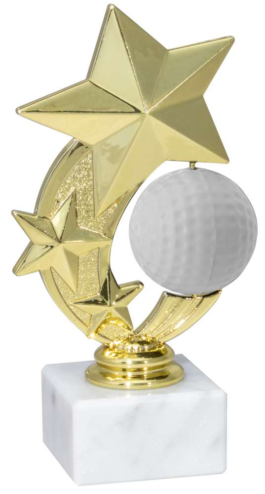 Eine goldene, sternförmige Golf-Trophäe 162 mm mit einem weißen Golfball, elegant montiert auf einem Marmorsockel, gefertigt aus hochwertigem Material.