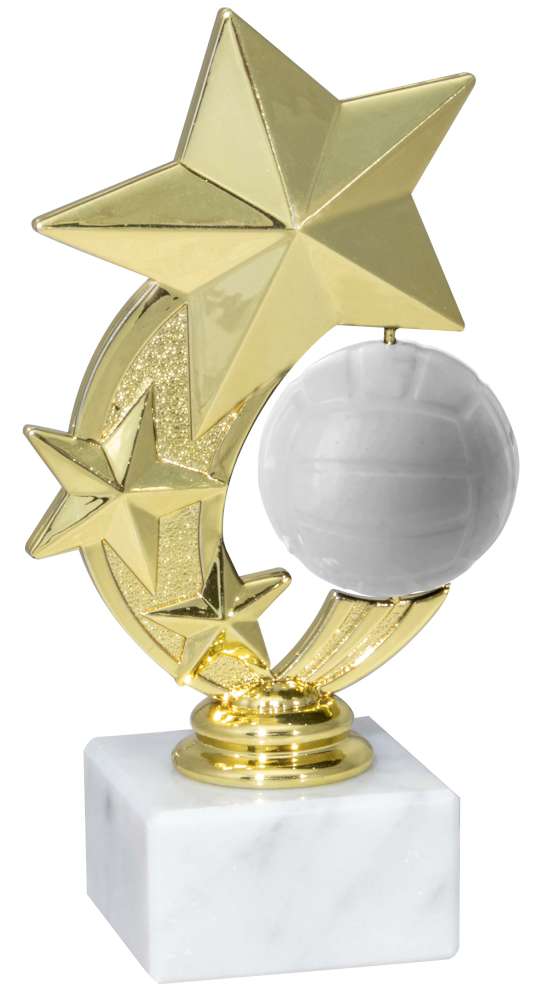 Ein goldener Trophäen-Volleyball 162 mm PK738437-62571 mit drei Sternen und einem Volleyball, montiert auf einem Sockel aus weißem Marmor.