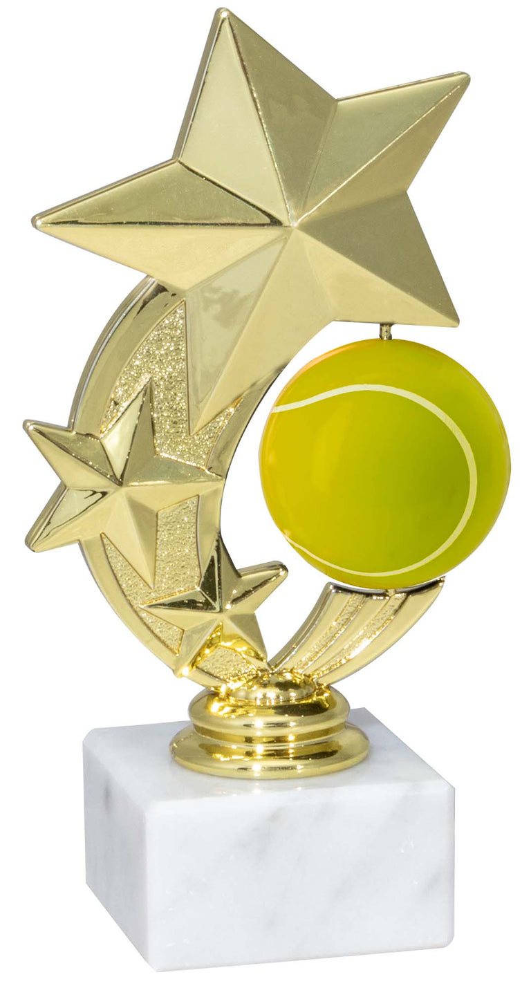 Die Trophäe Tennis 162 mm zeigt drei goldene Sterne und einen gelben Tennisball auf einem weißen Marmorsockel - ein idealer Ehrenpreis oder ein Geschenk für Tennismeister.