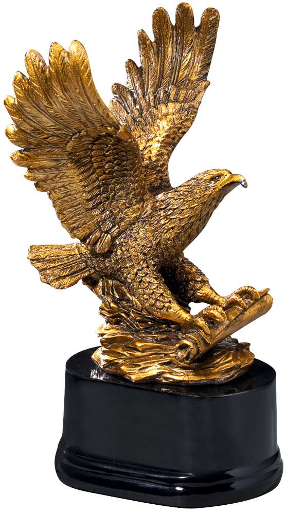 Eine goldene Adlerstatue mit ausgebreiteten Flügeln, die auf einem Sockel thront und eine Schriftrolle in den Krallen hält. Dieser exquisite Trophäen-Siegesadler 218 mm PK738755-62594 verfügt über exklusives Design und ist aus hochwertigem Material gefertigt.