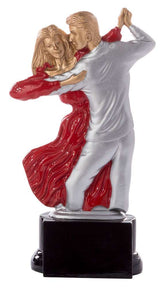 Thumbnail for Die 3-er Serie Tanzen 160 mm - 200 mm ist eine Statuette eines Tanzpaares - die Frau in einem roten Kleid, der Mann in Silber - auf einem schwarzen Sockel. Eine anmutige Trophäe, ideal als Ehrenpreis für tänzerische Leistungen.