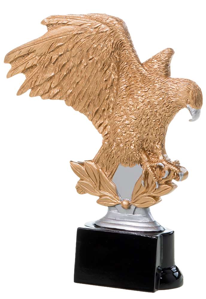 Der 3-er Serie Siegesadler 160 mm - 200 mm zeigt einen goldfarbenen Adler mit ausgebreiteten Flügeln auf einem blattsilbernen Sockel, der auf einem schwarz glänzenden, rechteckigen Sockel steht und ein exklusives Design aufweist.