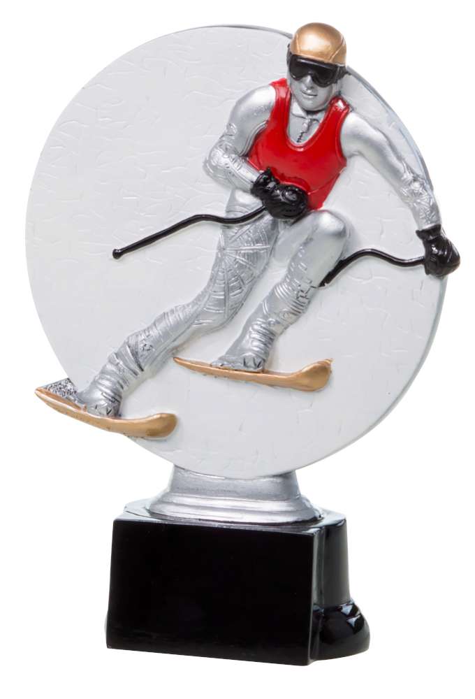Eine Ski-Trophäe in Silber und Bronze mit einem Skifahrer in roter Weste und Helm, montiert auf einem schwarzen rechteckigen Sockel: 3-er Serie Ski 160 mm – 200 mm