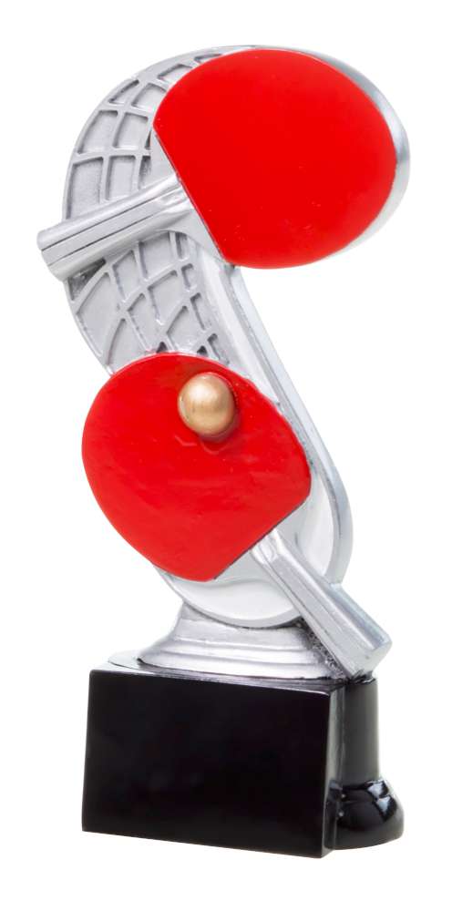 Eine 3er-Serie Tischtennis 160 mm – 200 mm PK739249-47-3 mit einem silbernen und roten Design auf schwarzem Grund, mit einem geformten Ball- und Schlägermotiv, gefertigt aus hochwertigem Material.