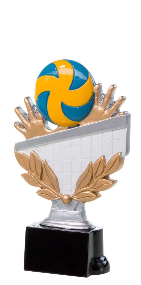 Blau-gelber Volleyball über weißem Netz, gehalten von goldenen Händen, mit Lorbeerzweigen auf schwarzem Sockel. 3-er Serie Volleyball von POMEKI.