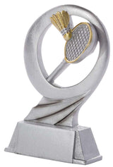 Eine silberne Badminton-Trophäe Badminton 170 mm mit Federball und Schläger auf quadratischem Sockel, perfekt zum Gedenken an Ihren Ehrenpreis.