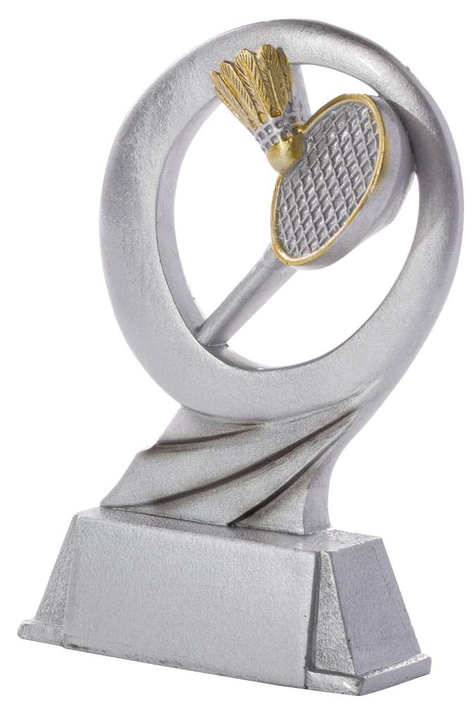 Eine silberne Badminton-Trophäe Badminton 170 mm PK739281-62600 mit Federball und Schläger auf quadratischem Sockel, perfekt zum Gedenken an Ihren Ehrenpreis.