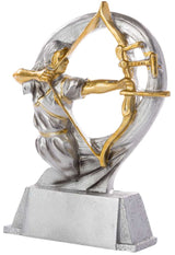 Die Trophäe Schützen Damen 175 mm zeigt eine silberne Figur eines Bogenschützen mit goldfarbenen Details auf einem rechteckigen Sockel - ein beeindruckendes Geschenk für jede Leistung.