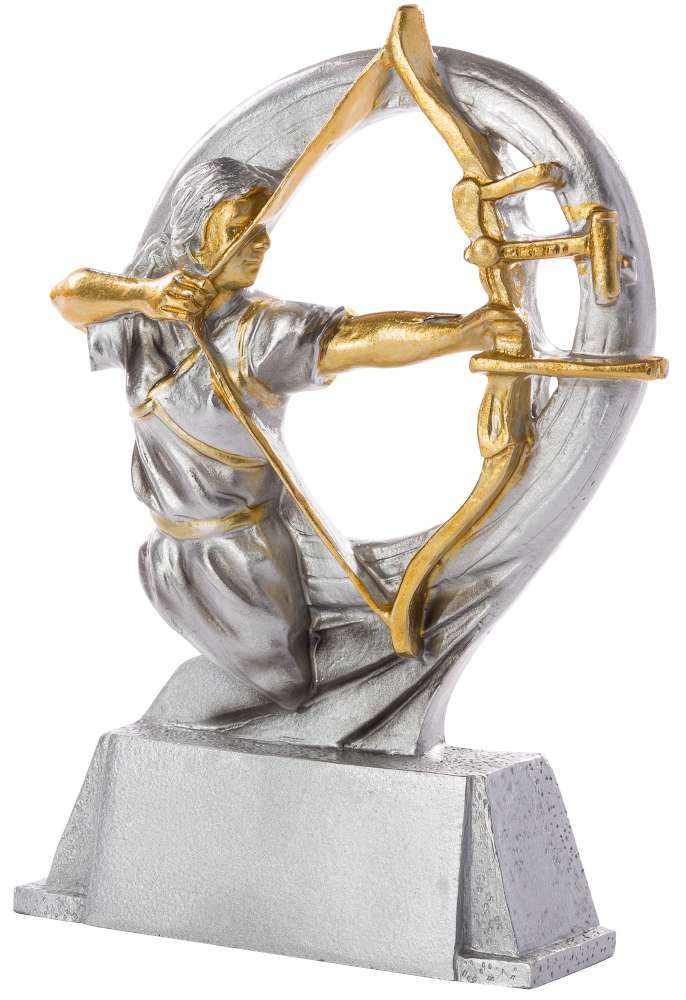 Die Trophäe Schützen Damen 175 mm zeigt eine silberne Figur eines Bogenschützen mit goldfarbenen Details auf einem rechteckigen Sockel - ein beeindruckendes Geschenk für jede Leistung.