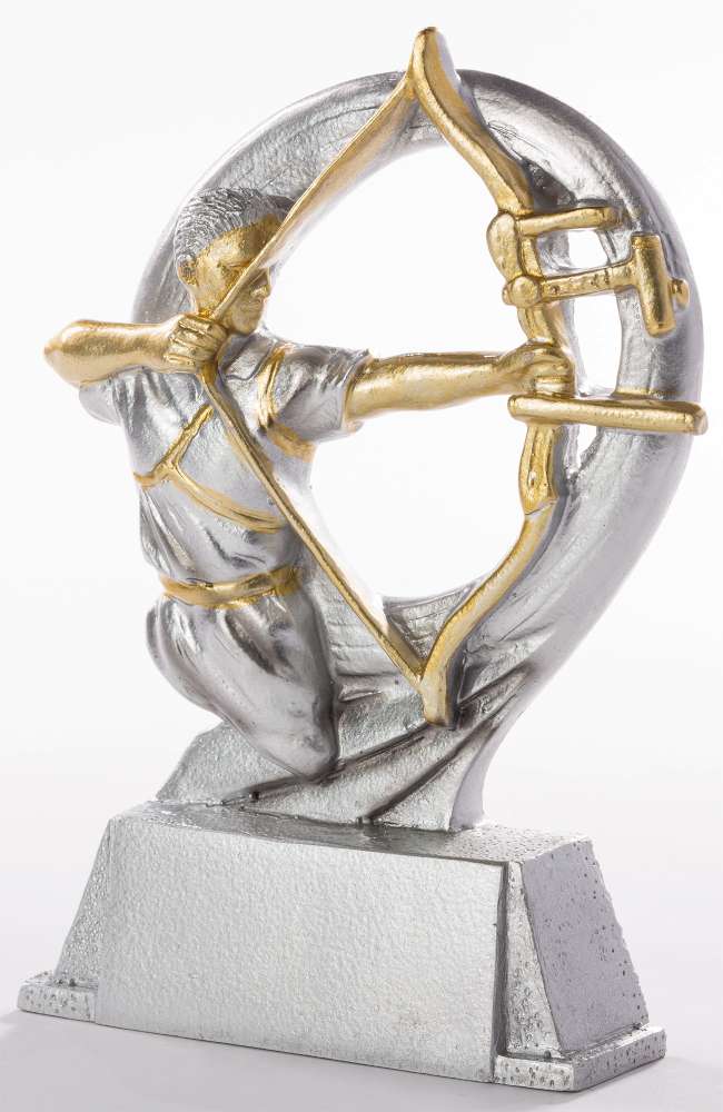 Eine silberne und goldene Trophäe Schützen Herren 175 mm PK739284-62600, die einen Bogenschützen zeigt, der einen Bogen spannt, montiert auf einem rechteckigen Sockel, gefertigt aus hochwertigem Material für eine herausragende Auszeichnung.