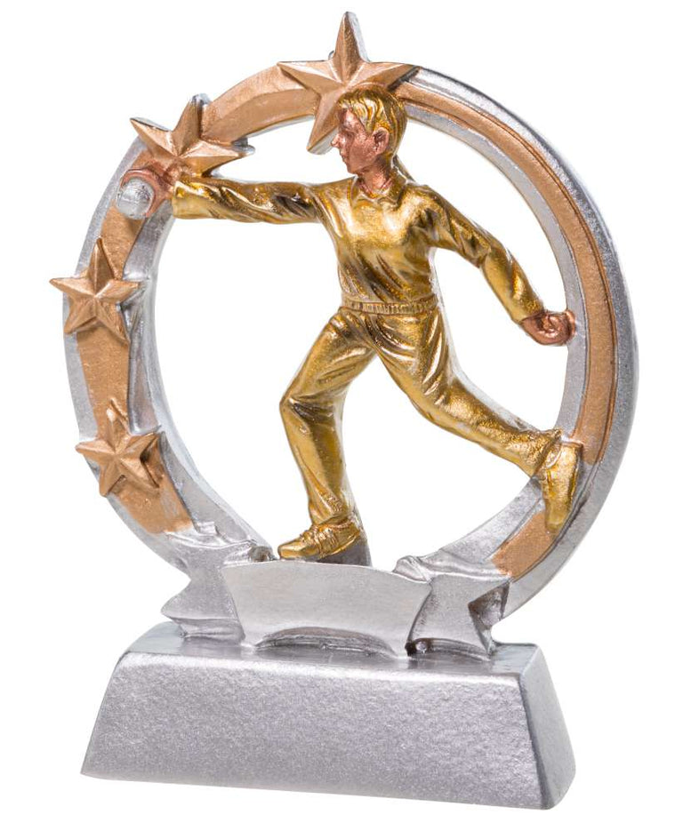 Eine silberne und goldene Trophäe Boulerin 125 mm mit einer Figur in Bewegung mit Sternen im Hintergrund, gefertigt aus hochwertigem Material für ein exquisites Design.
