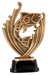 Eine bronzefarbene Trophäe Angeln 224 mm mit Fischdesign und abstrakten Wellendetails, montiert auf einem schwarzen Sockel.