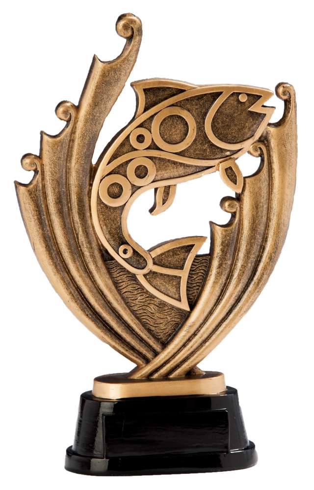Eine bronzefarbene Trophäe Angeln 224 mm mit Fischdesign und abstrakten Wellendetails, montiert auf einem schwarzen Sockel.