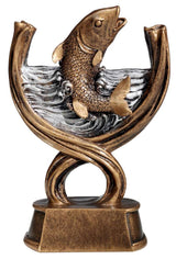 Eine Bronzestatue mit einem aus stilisierten Wellen springenden Fisch, montiert auf einem rechteckigen Sockel, ist ein elegantes Trophäe-Angeln 168 mm oder Geschenk.