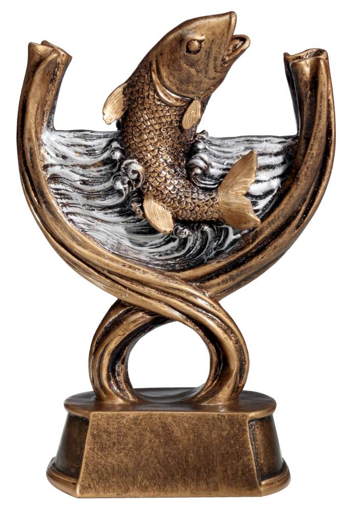 Eine Bronzestatue mit einem aus stilisierten Wellen springenden Fisch, montiert auf einem rechteckigen Sockel, ist ein elegantes Trophäe-Angeln 168 mm PK739647-62571 oder Geschenk.