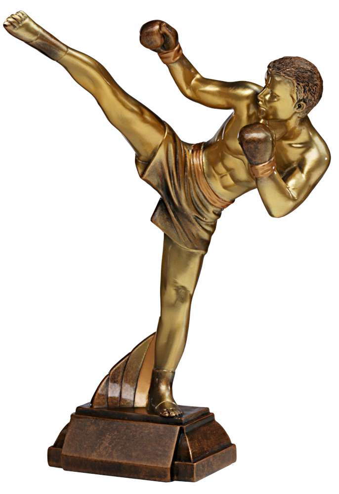 Bronzefarbene Statue eines Boxers in Kampfhaltung, der einen hohen Tritt ausführt und Boxhandschuhe trägt. Diese eindrucksvolle Trophäe Kampfsport 290 mm PK739649-62597 ist aus hochwertigem Material gefertigt und auf einem rechteckigen Sockel montiert.