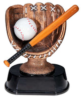 Ein bronzefarbener Trophäe-Baseball 160 mm mit einem Handschuh, in dem sich ein weißer Baseball befindet. Ein kleiner Schläger ist diagonal über dem Handschuh und dem Ball positioniert, alles auf einer schwarzen Basis montiert.