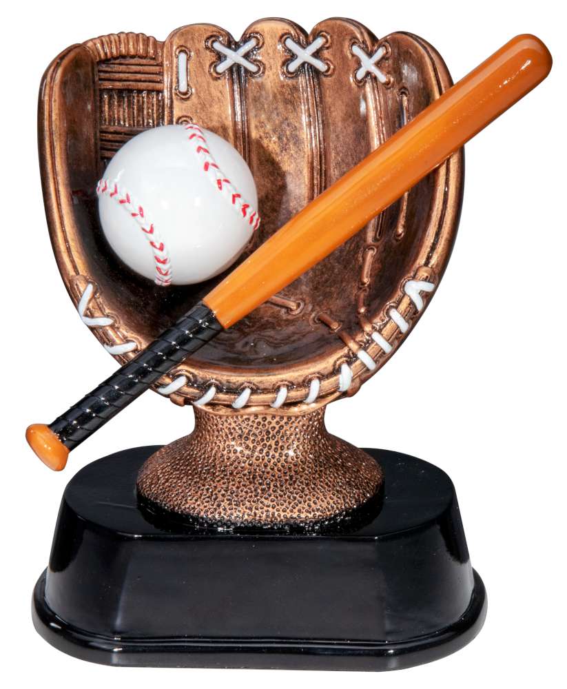 Ein bronzefarbener Trophäe-Baseball 160 mm PK739684-62594 mit einem Handschuh, in dem sich ein weißer Baseball befindet. Ein kleiner Schläger ist diagonal über dem Handschuh und dem Ball positioniert, alles auf einer schwarzen Basis montiert.