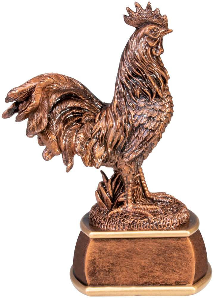 Die Trophäe Kleintierzucht 220 mm zeigt einen bronzenen Hahn mit detailliertem Gefieder auf einem rechteckigen Sockel - perfekt als Ehrenpreis, Trophäe oder einzigartiges Geschenk.