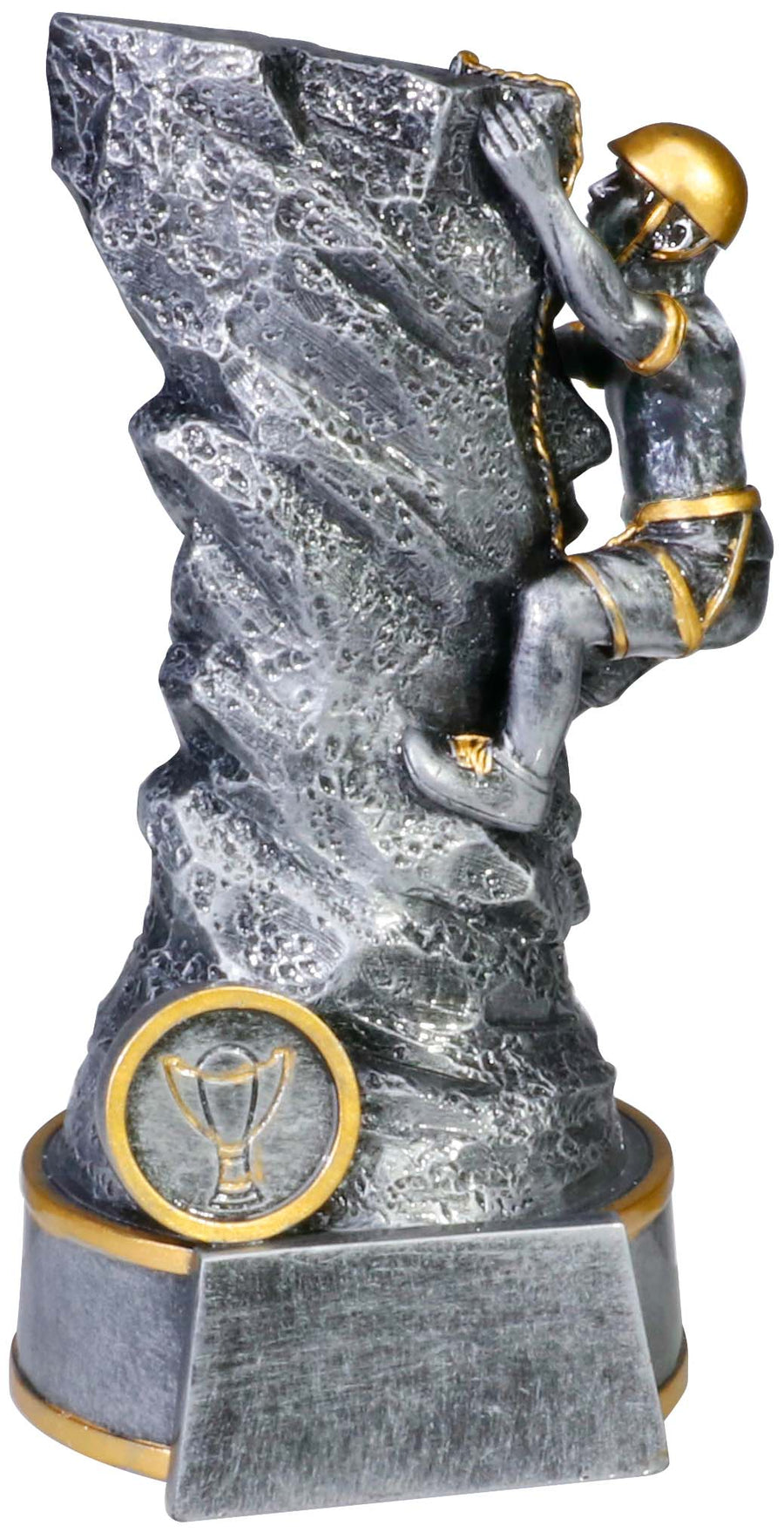 Eine silberne und goldene Trophäe „Klettern“ 180 mm PK739732-62571-E25-G, die eine Figur zeigt, die eine strukturierte Felswand erklimmt, montiert auf einem runden Sockel mit einer gravierten Plakette, gefertigt aus hochwertigem Material und mit exklusivem Design.
