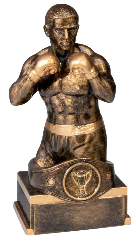 Eine bronzefarbene Trophäe Kampfsport 180 mm PK739733-62593-E25-G eines männlichen Boxers in Kampfhaltung, montiert auf einem rechteckigen Sockel mit dem Design eines Box-Meisterschaftsgürtels auf der Vorderseite.