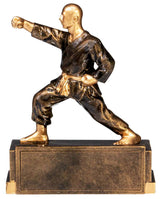Eine goldfarbene Kampfsporttrophäe Kampfsport 120 mm, die eine Person in Karatehaltung zeigt, montiert auf einem rechteckigen Sockel mit einer leeren Platte für Inschriften. Dieses exquisite Erinnerungsstück besticht durch ein exklusives Design, das in jeder Trophäenvitrine hervorsticht.