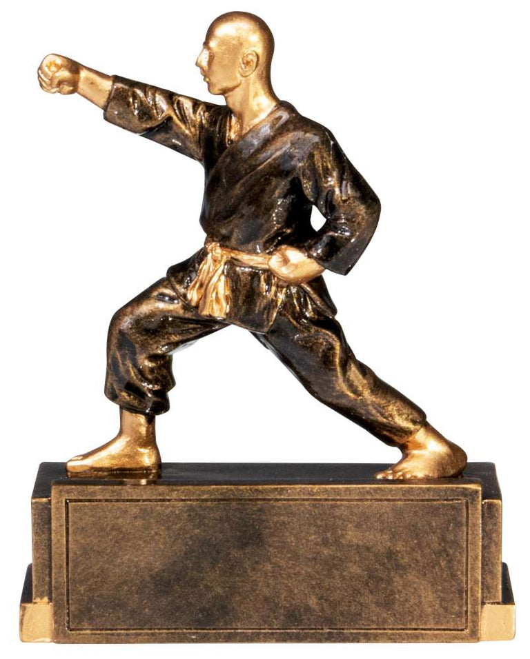 Eine goldfarbene Kampfsporttrophäe Kampfsport 120 mm, die eine Person in Karatehaltung zeigt, montiert auf einem rechteckigen Sockel mit einer leeren Platte für Inschriften. Dieses exquisite Erinnerungsstück besticht durch ein exklusives Design, das in jeder Trophäenvitrine hervorsticht.