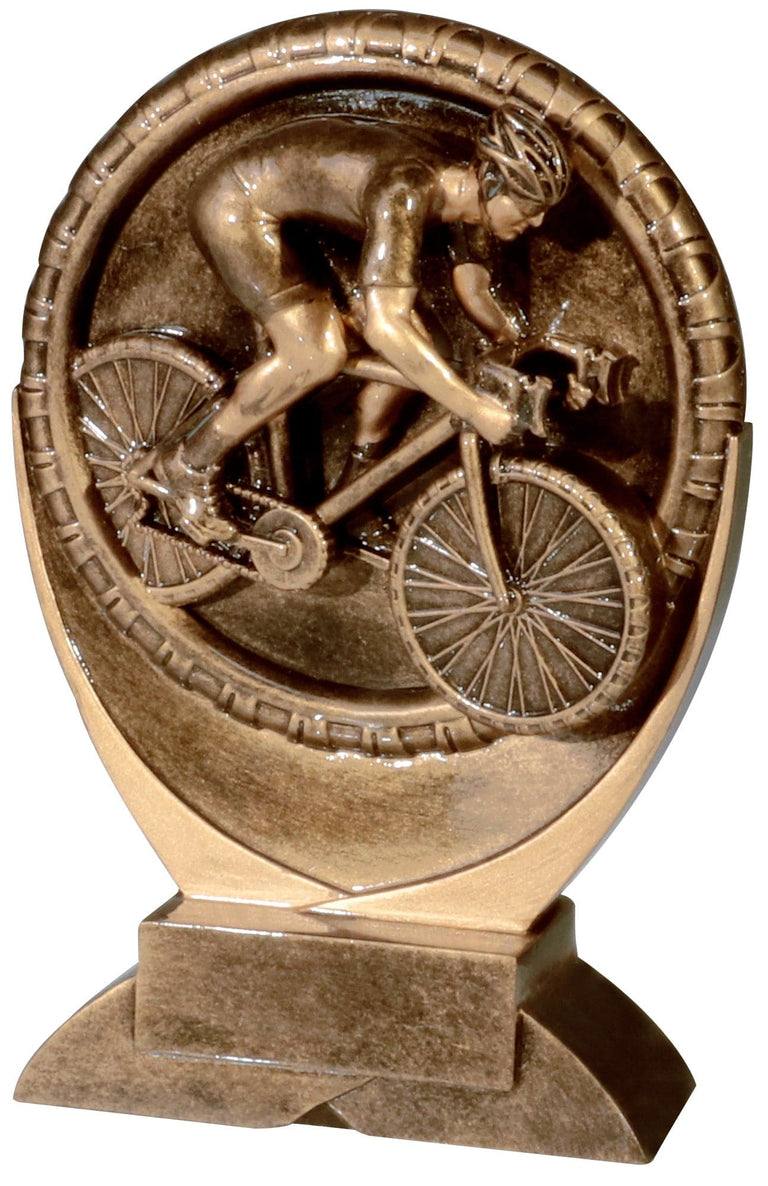 Bronzefarbene Trophäe mit der Darstellung eines Radfahrers in Aktion, montiert auf einem runden Sockel, gefertigt aus hochwertigem Material. Diese exquisite Trophäe Radsport 170 mm ist ein ideales Geschenk für Radsportbegeisterte.