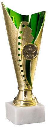 Thumbnail for Eine gold-grüne Pokale Lünen 3-er Pokalserie 170 mm – 210 mm mit einem Sternemblem auf einem weißen Marmorsockel, mit exklusivem Design und modernen ausgeschnittenen kreisförmigen Mustern.