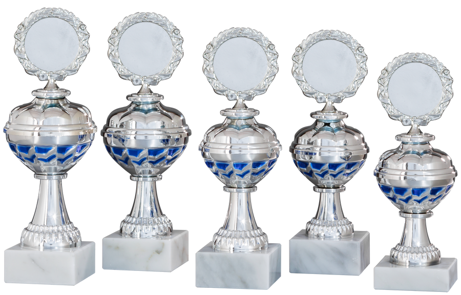 Fünf silberne Trophäen mit blauen Akzenten, jede mit einem runden Emblem versehen, in einer Reihe auf weißen Marmorsockeln vor schwarzem Hintergrund. Diese Pokale Viersen 5-er Pokalserie 208 mm - 245 mm PK758440-5-E50 sind wahre Symbole der Leistung.
