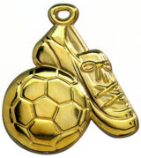 Eine goldfarbene Medaille mit einem Fußball und einem Stollen, gefertigt aus hochwertigem Material mit exklusivem Design, Fußball mit Schuh Medaillen Ludwigshafen 53 x 50 mm